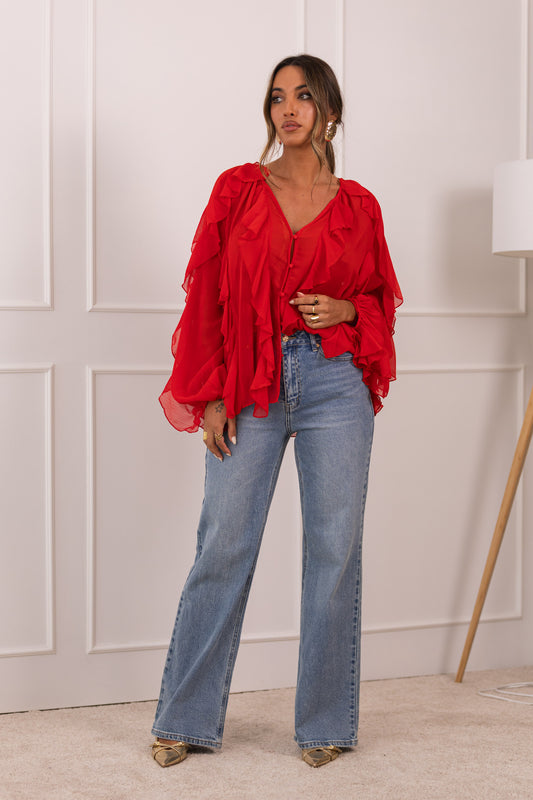 Calça wide leg c/ pormenor dourado na cintura - Ganga clara