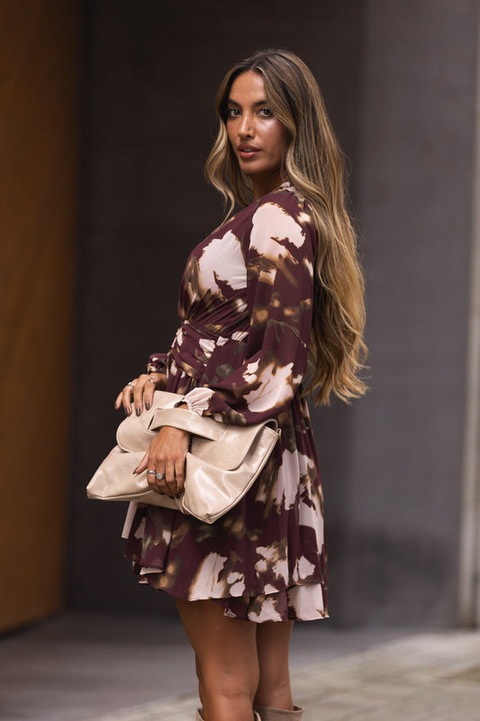 Vestido fluido malhado - castanho c/ bege