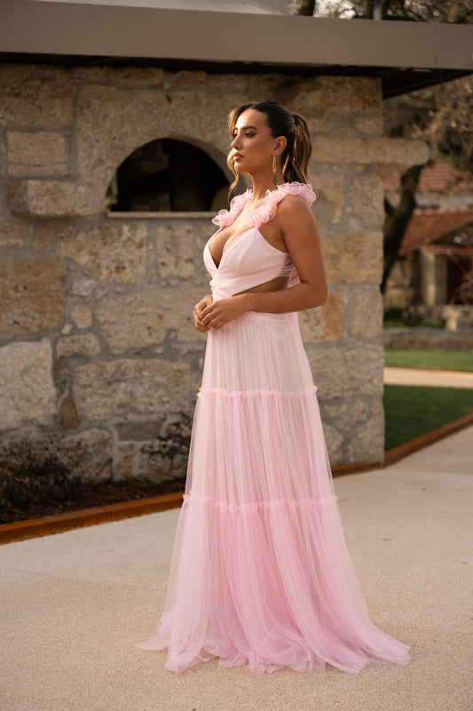 Vestido tule c/ abertura lateral - Rosa