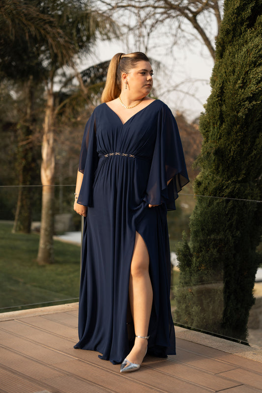 Vestido Brilhantes na cintura - Azul Marinho