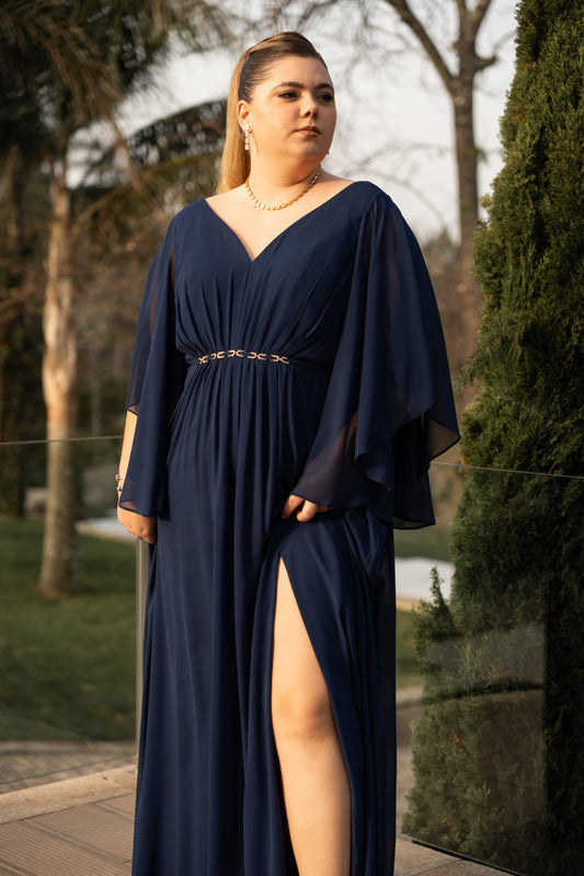 Vestido Brilhantes na cintura - Azul Marinho