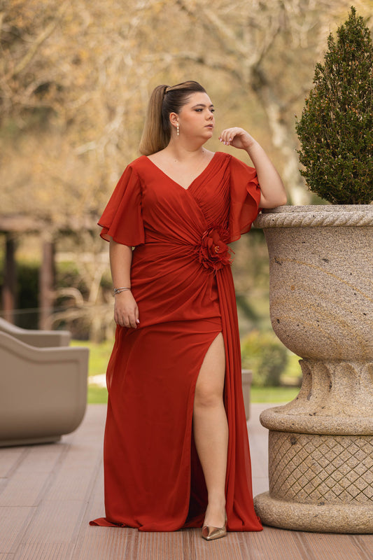 Vestido Flor c/ Brilhantes - Tijolo