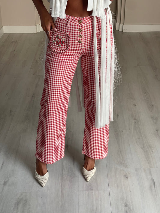Calça de ganga c/ quadrados - vermelho